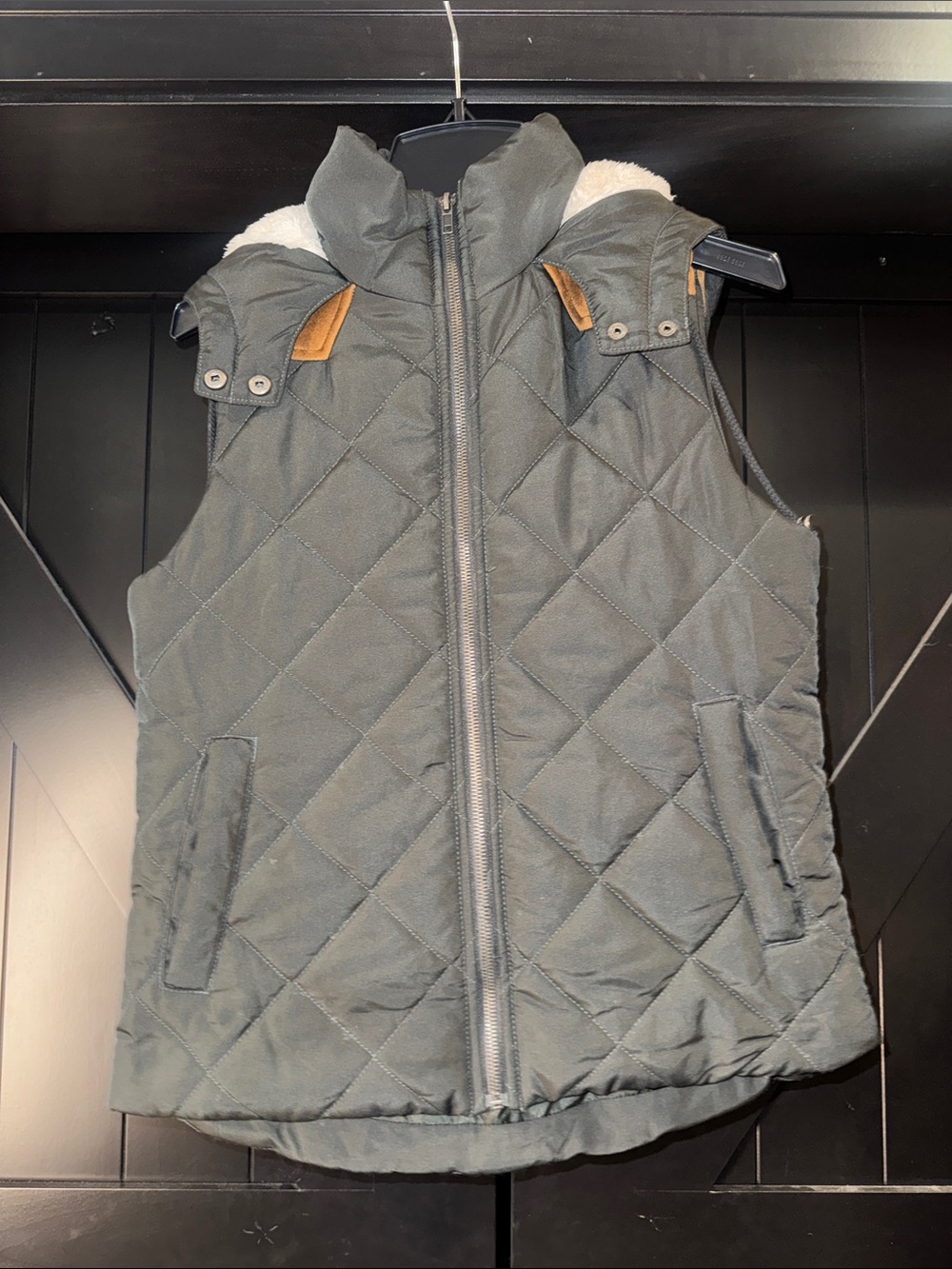 Quilted Sleeveless Puffer Vest in Dark Gray with Sherpa Trim